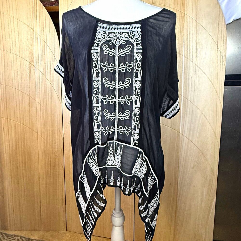 YAUVAN Sheer Black Embroidered Tunic Top Handkerchief Hem Boho Whimsigoth M